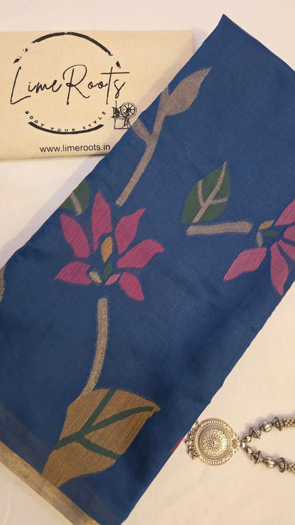 Blue Blended Linen Silk Jamdani