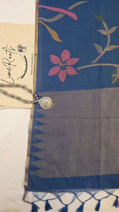 Blue Blended Linen Silk Jamdani