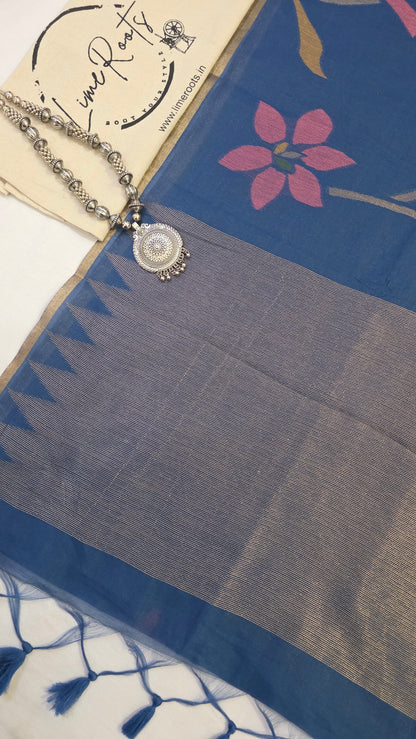 Blue Blended Linen Silk Jamdani
