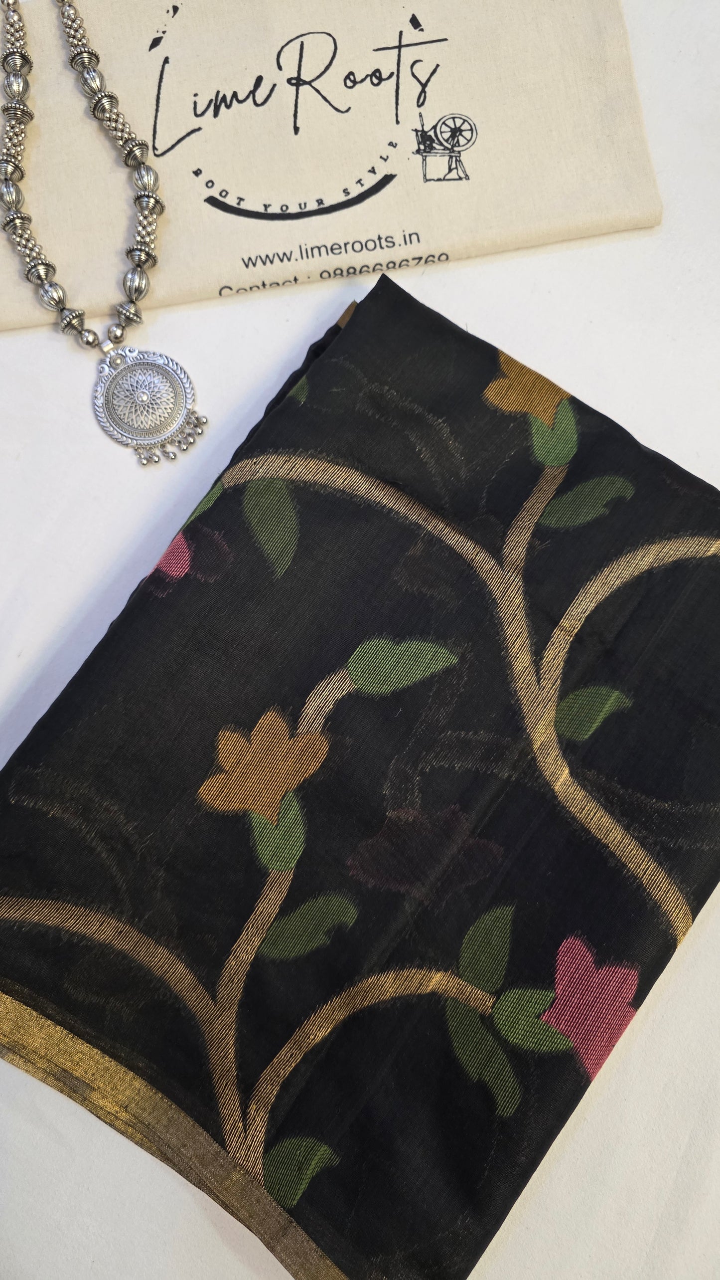 Black Blended Linen Silk Jamdani