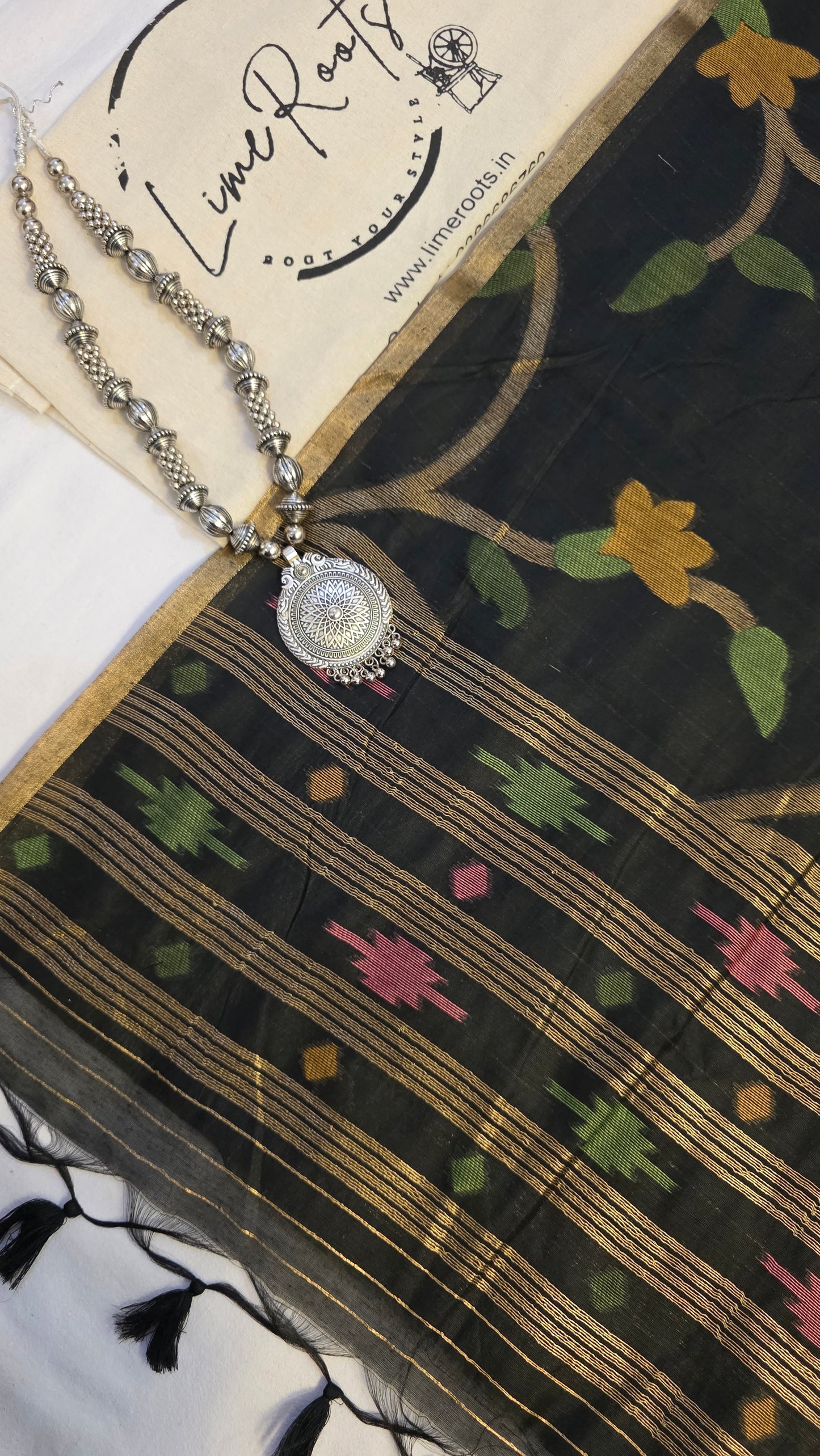 Black Blended Linen Silk Jamdani