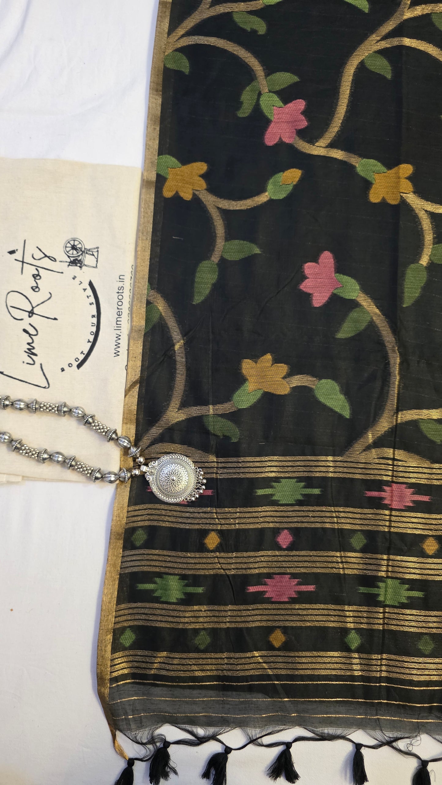 Black Blended Linen Silk Jamdani