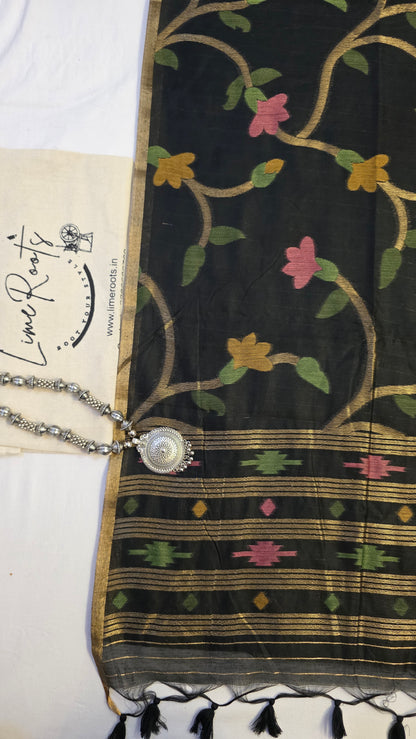 Black Blended Linen Silk Jamdani