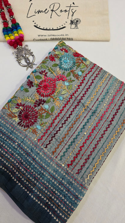 Blue  hand embroidery tussar Silk Saree