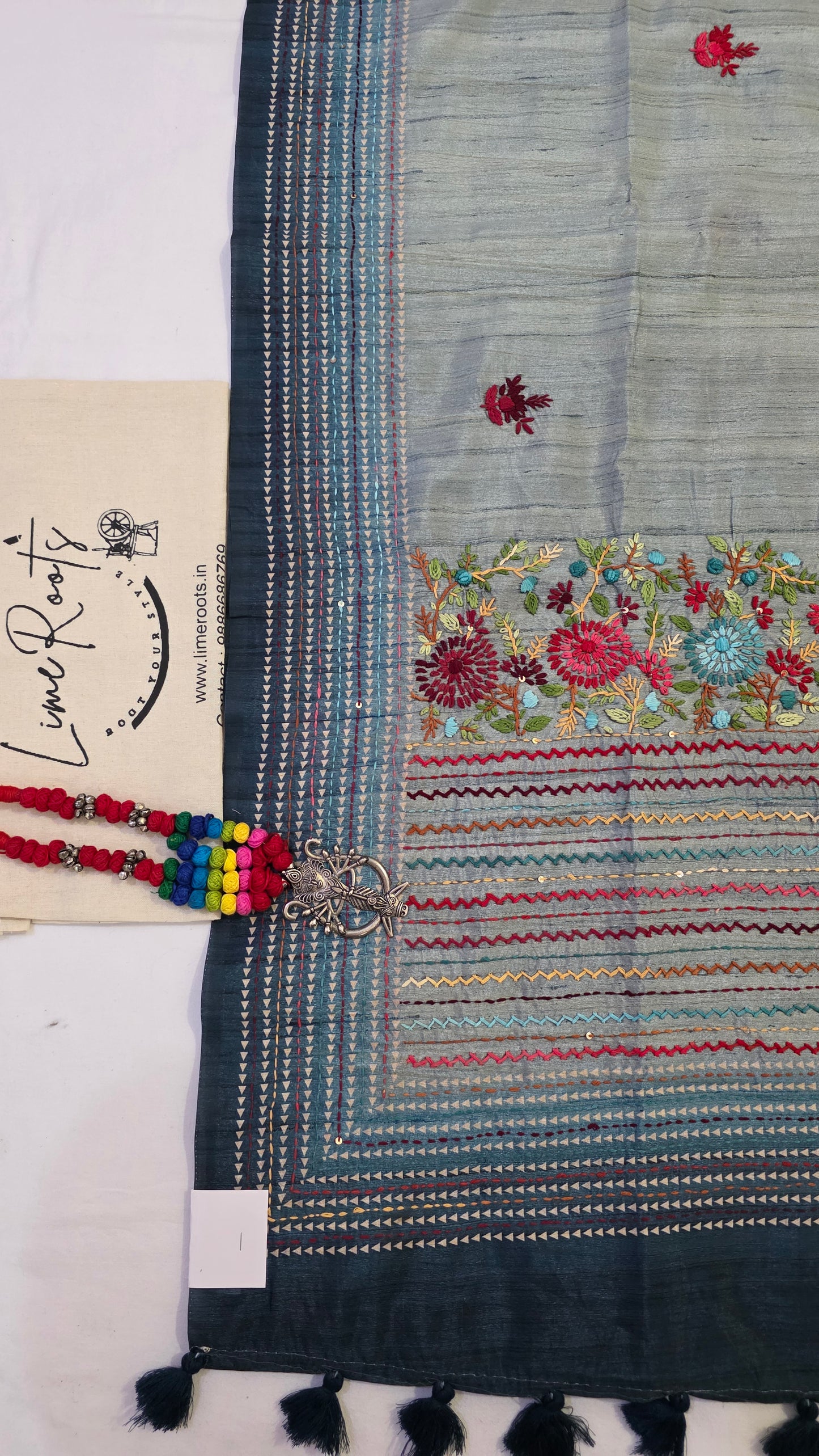 Blue  hand embroidery tussar Silk Saree