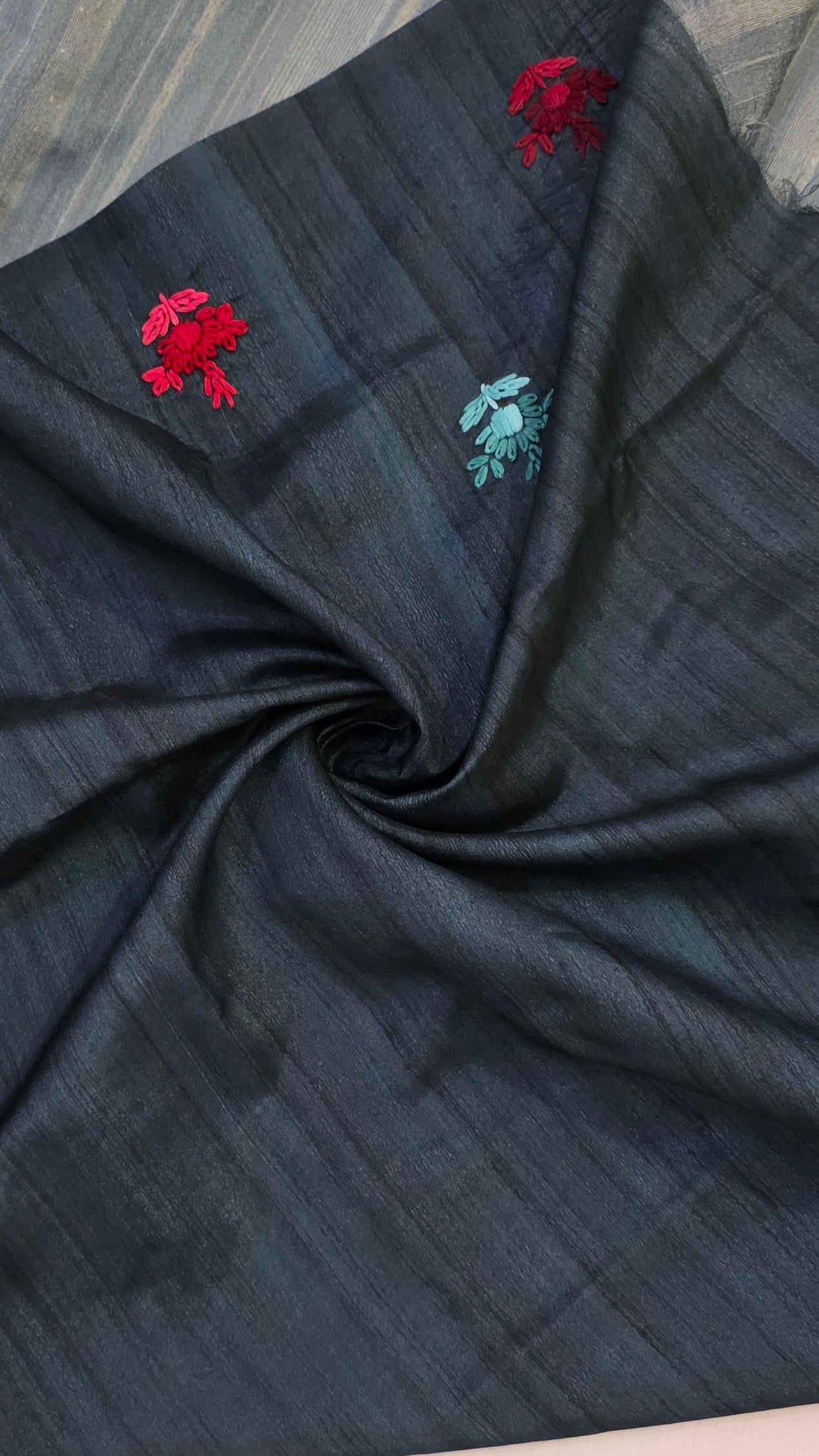 Blue  hand embroidery tussar Silk Saree