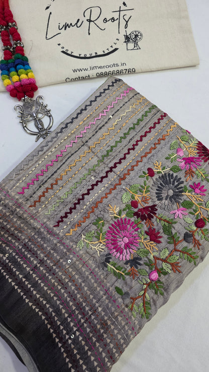 black  hand embroidery tussar Silk Saree