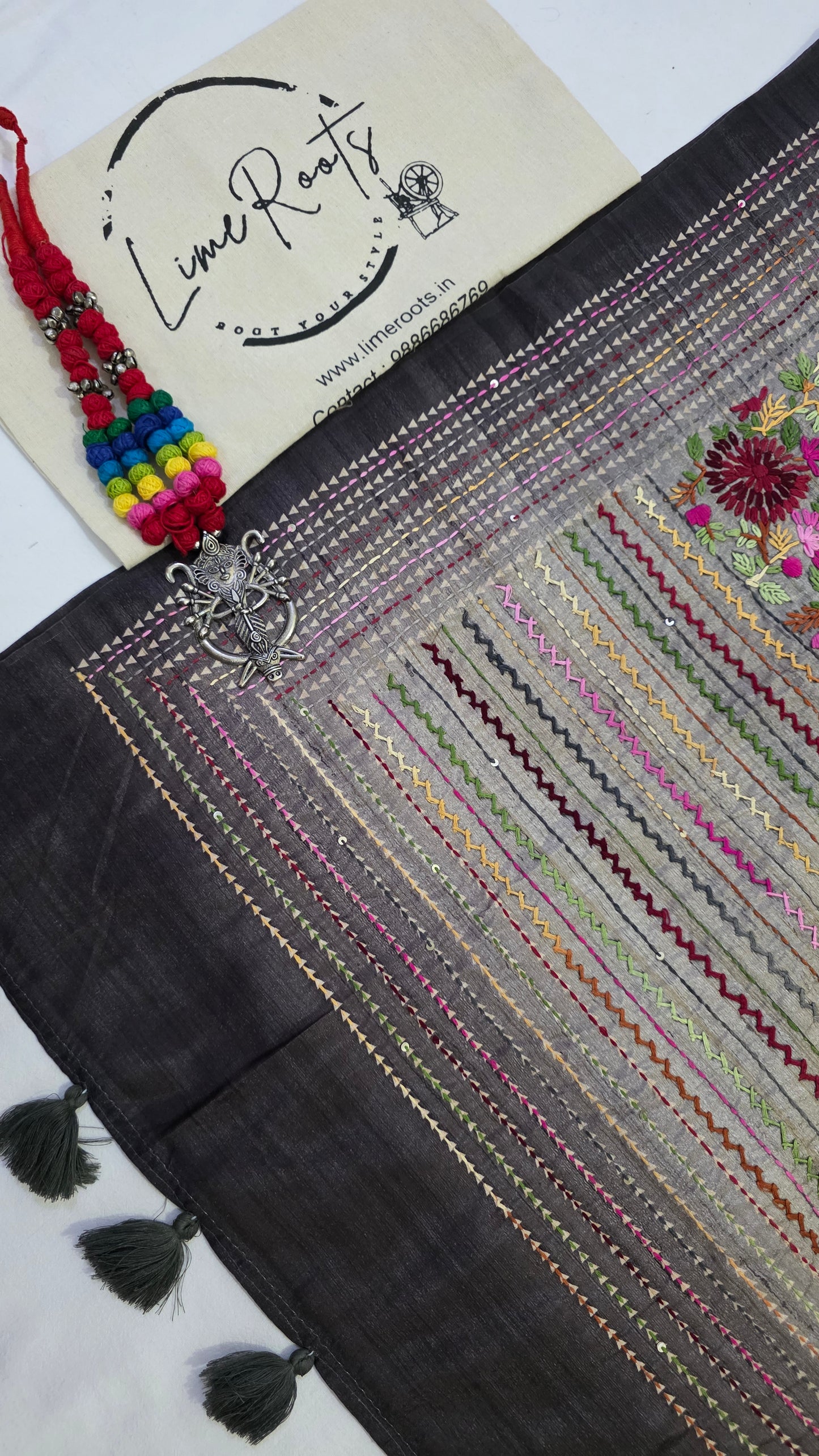 black  hand embroidery tussar Silk Saree