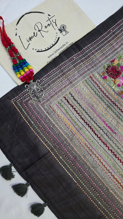 black  hand embroidery tussar Silk Saree