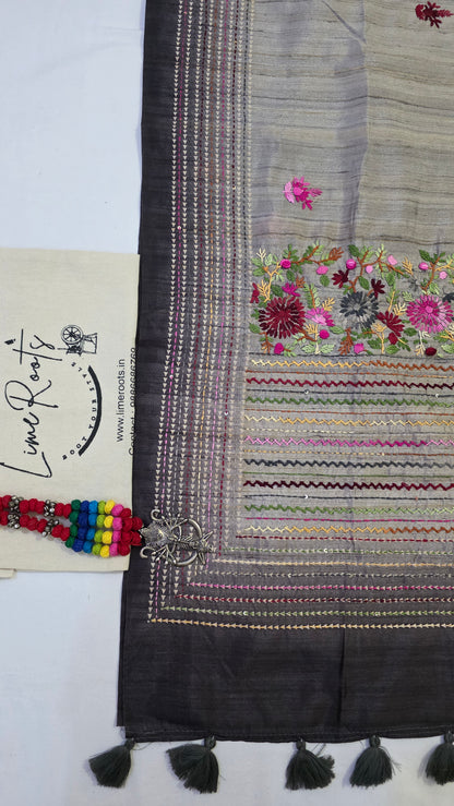 black  hand embroidery tussar Silk Saree