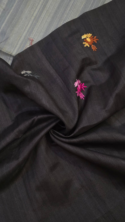 black  hand embroidery tussar Silk Saree