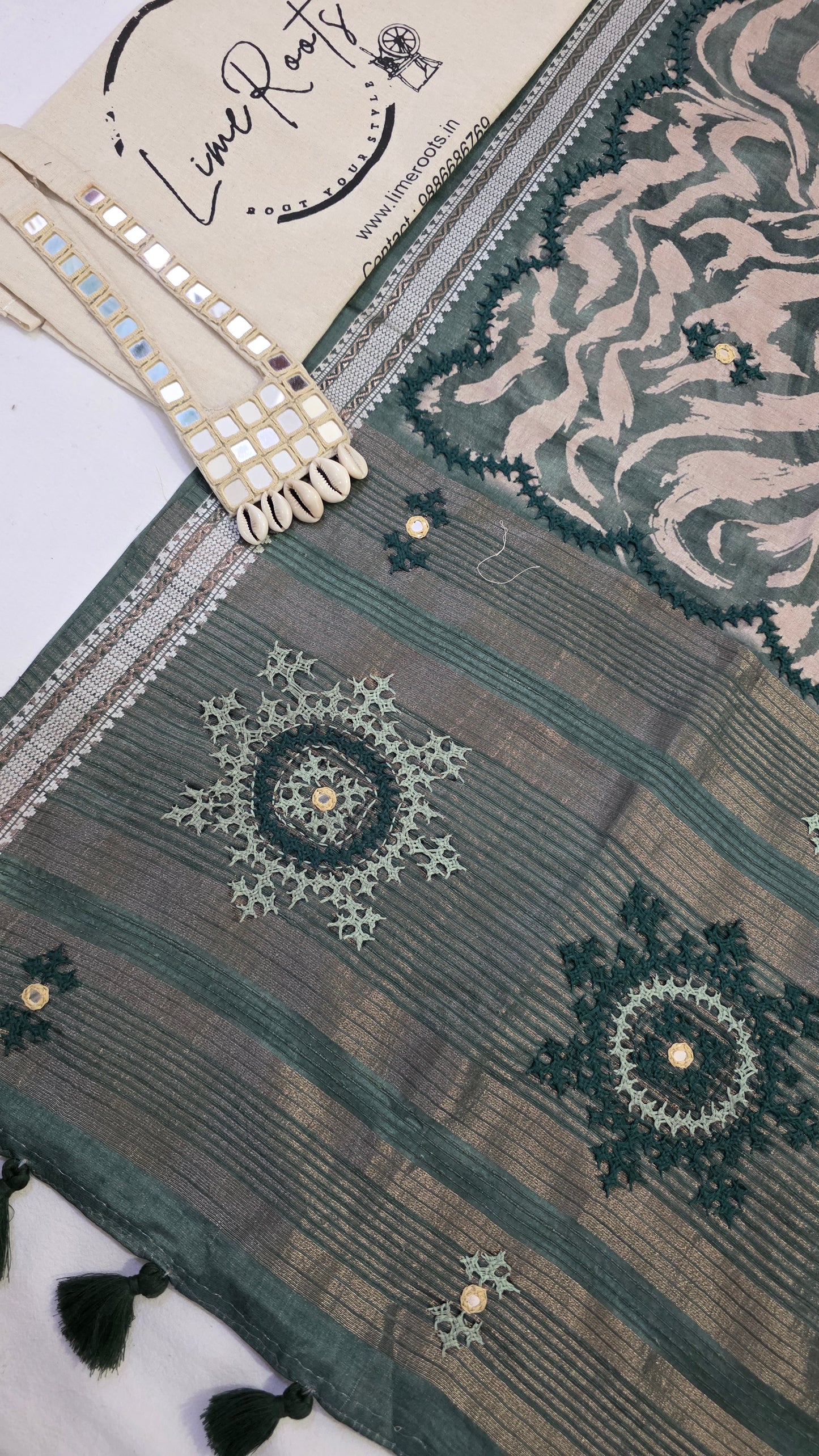 Green  hand embroidery tussar Silk Saree