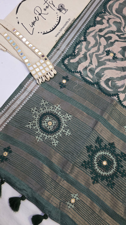 Green  hand embroidery tussar Silk Saree
