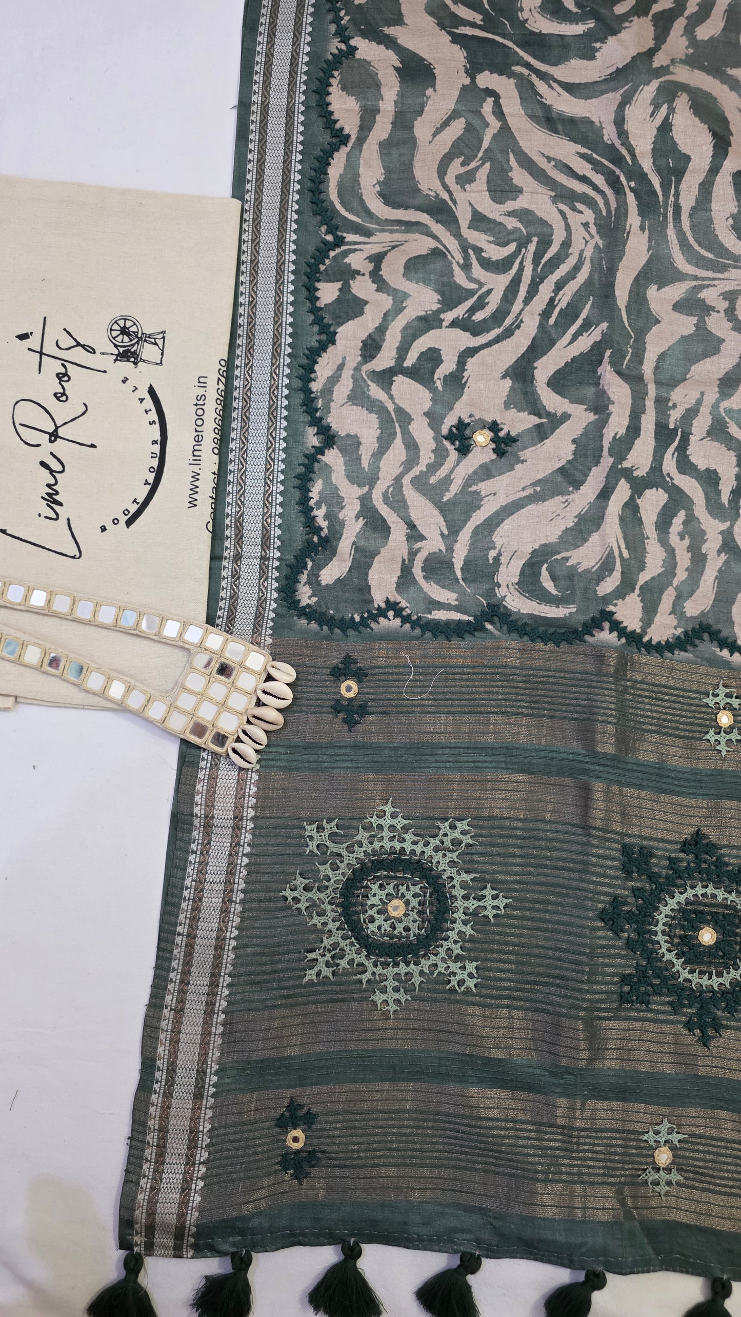Green  hand embroidery tussar Silk Saree