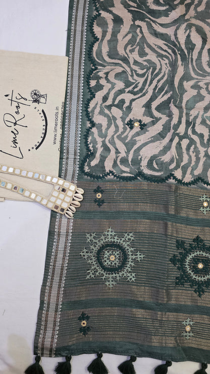Green  hand embroidery tussar Silk Saree
