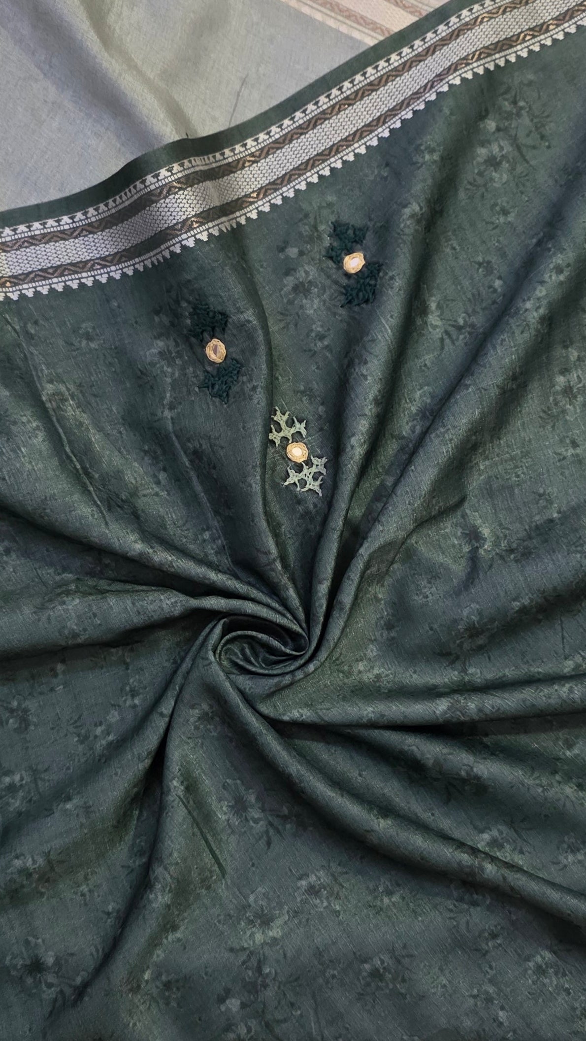 Green  hand embroidery tussar Silk Saree