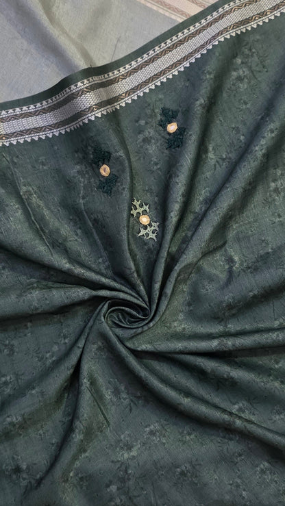 Green  hand embroidery tussar Silk Saree