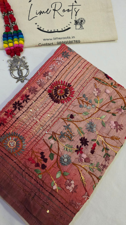 Pink  hand embroidery tussar Silk Saree