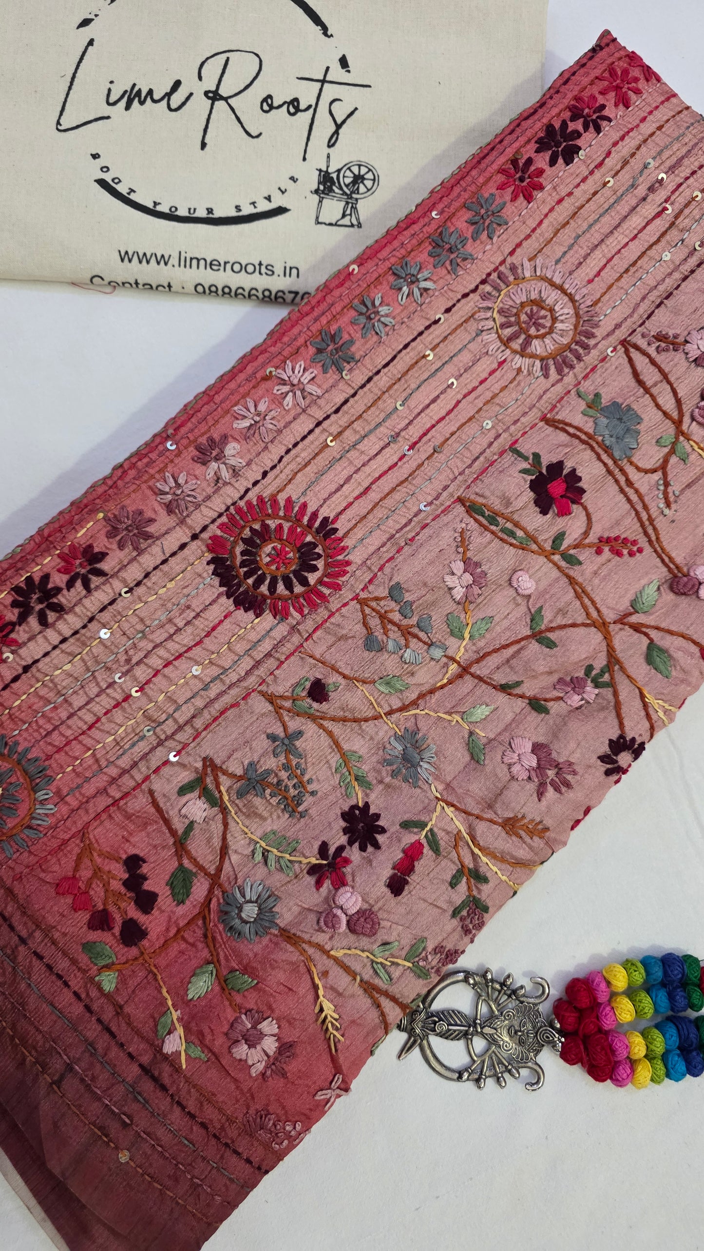 Pink  hand embroidery tussar Silk Saree