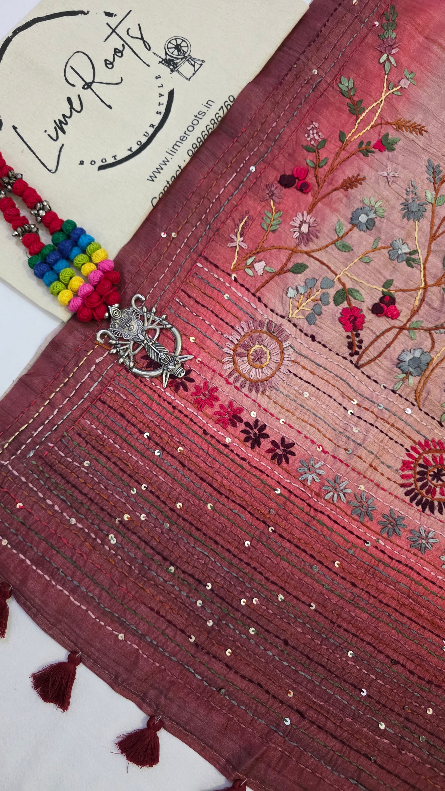 Pink  hand embroidery tussar Silk Saree