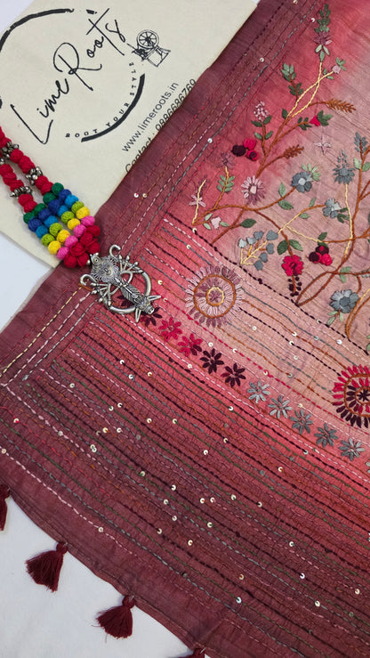 Pink  hand embroidery tussar Silk Saree