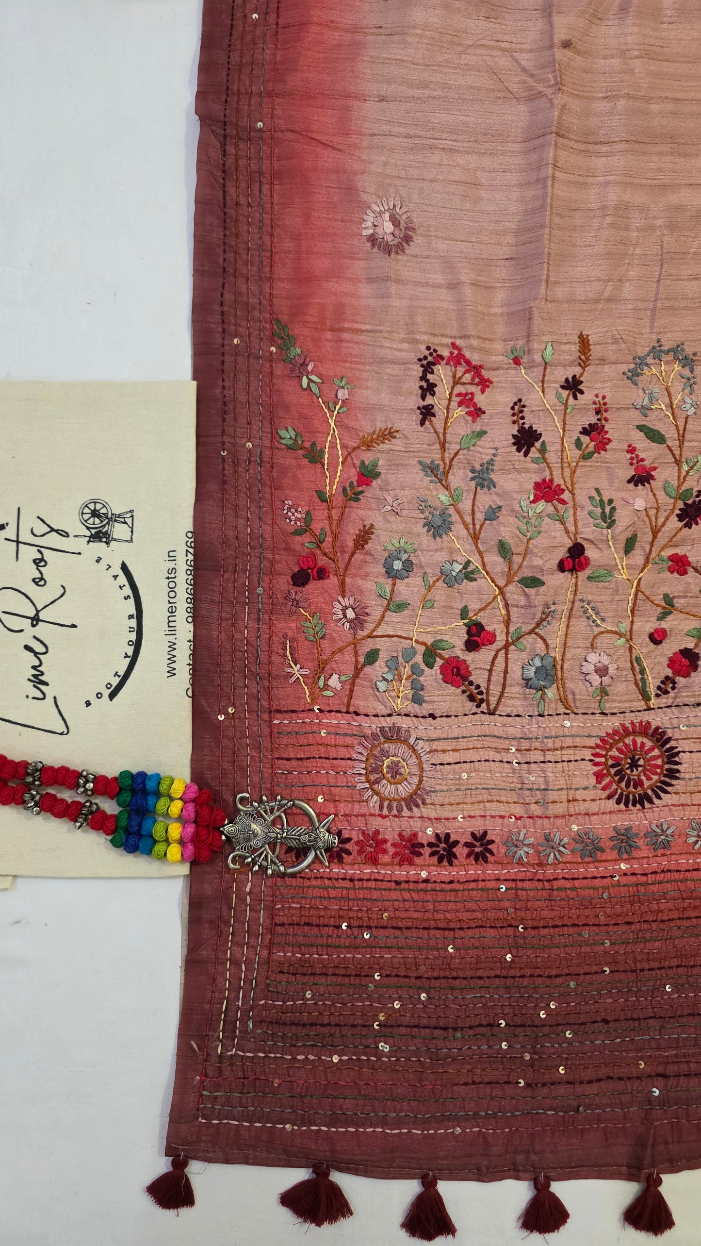 Pink  hand embroidery tussar Silk Saree