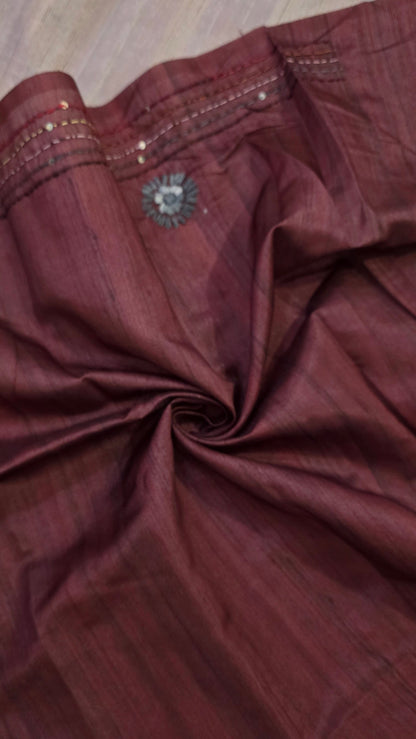 Pink  hand embroidery tussar Silk Saree