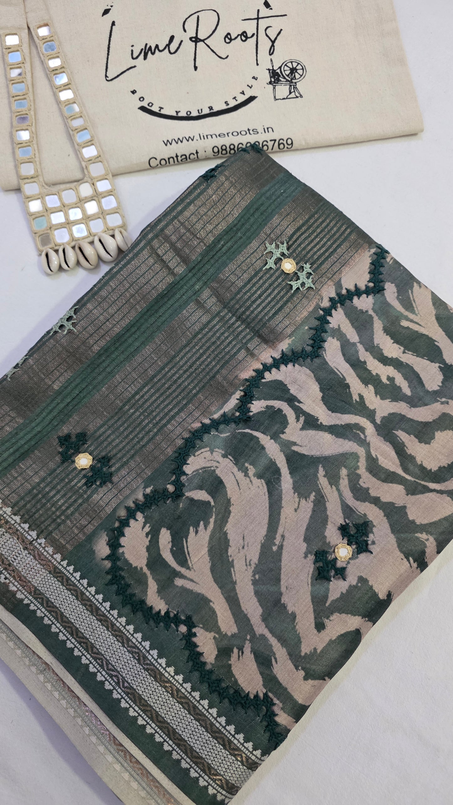 Green  hand embroidery tussar Silk Saree