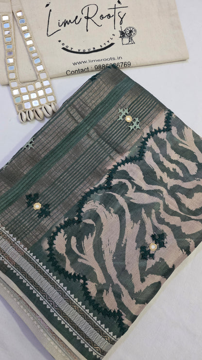 Green  hand embroidery tussar Silk Saree