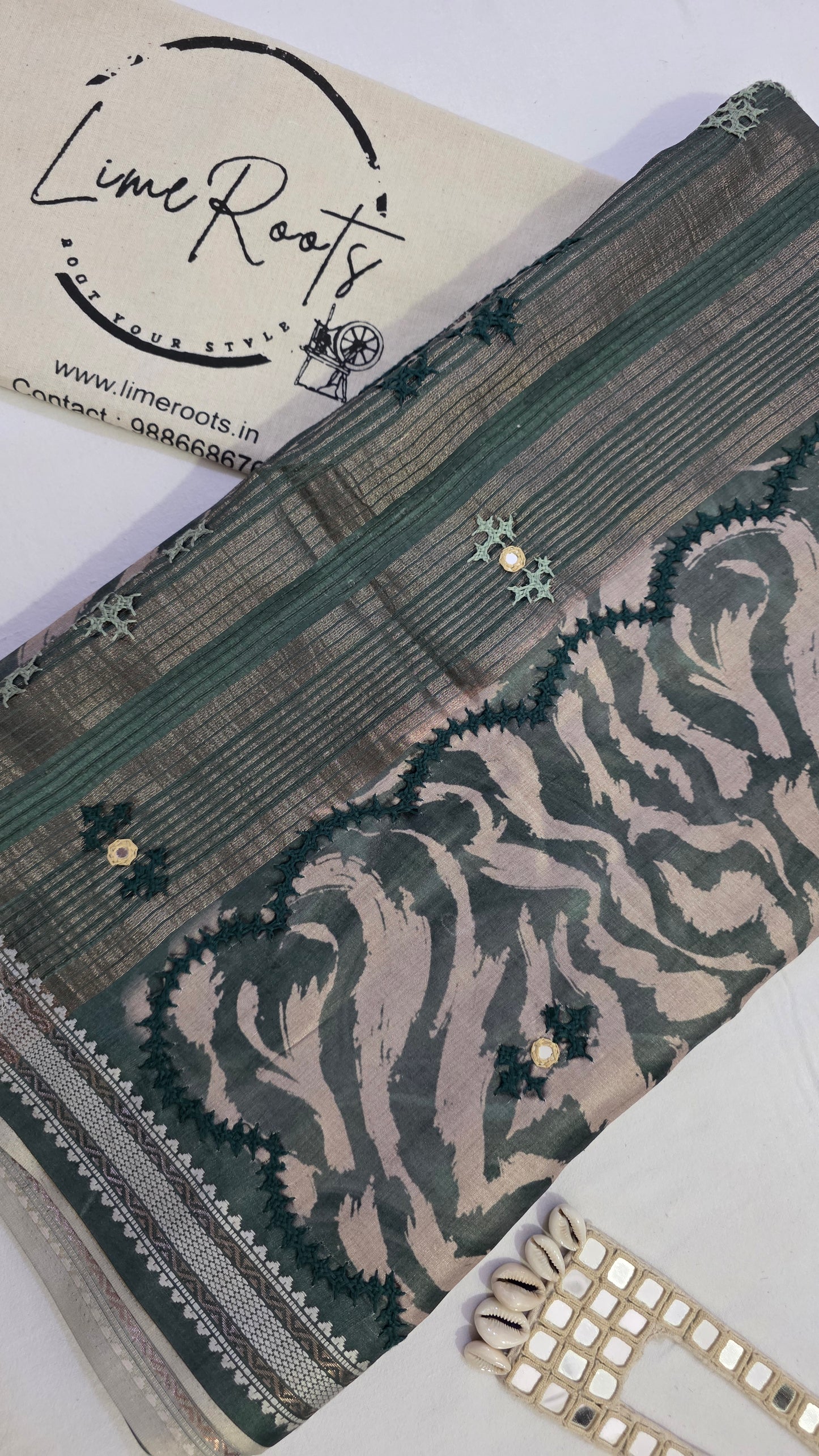 Green  hand embroidery tussar Silk Saree