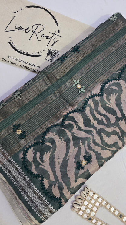 Green  hand embroidery tussar Silk Saree