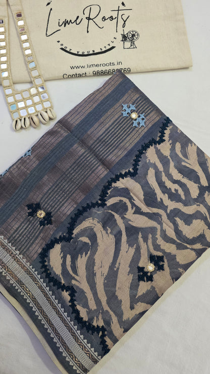 Grey  hand embroidery tussar Silk Saree