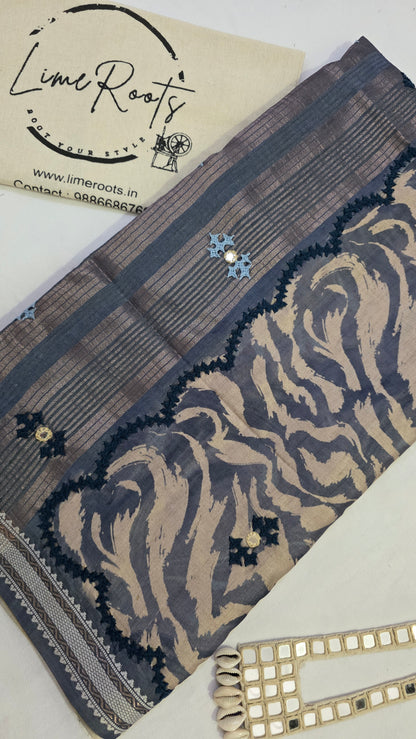Grey  hand embroidery tussar Silk Saree