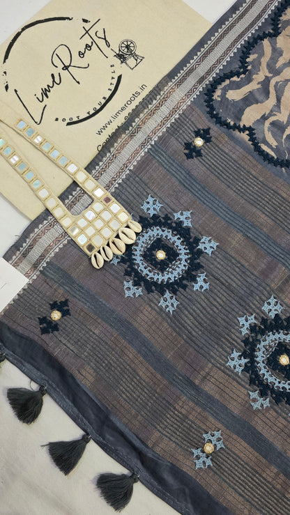 Grey  hand embroidery tussar Silk Saree