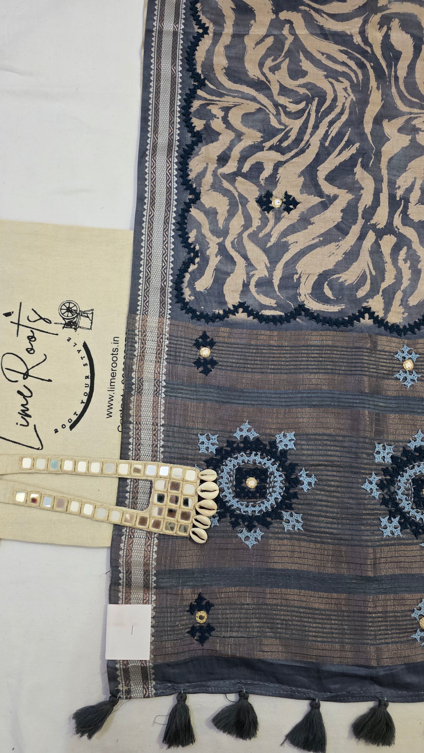 Grey  hand embroidery tussar Silk Saree