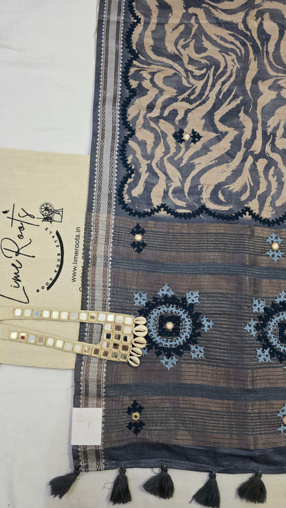 Grey  hand embroidery tussar Silk Saree