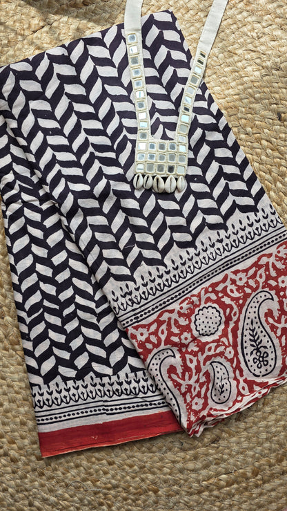 Black  Pure cotton abstract Handblock printed saree