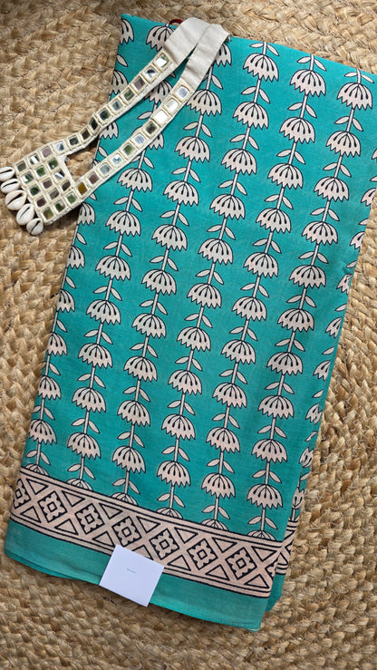 Green Pure cotton floral Handblock printed saree