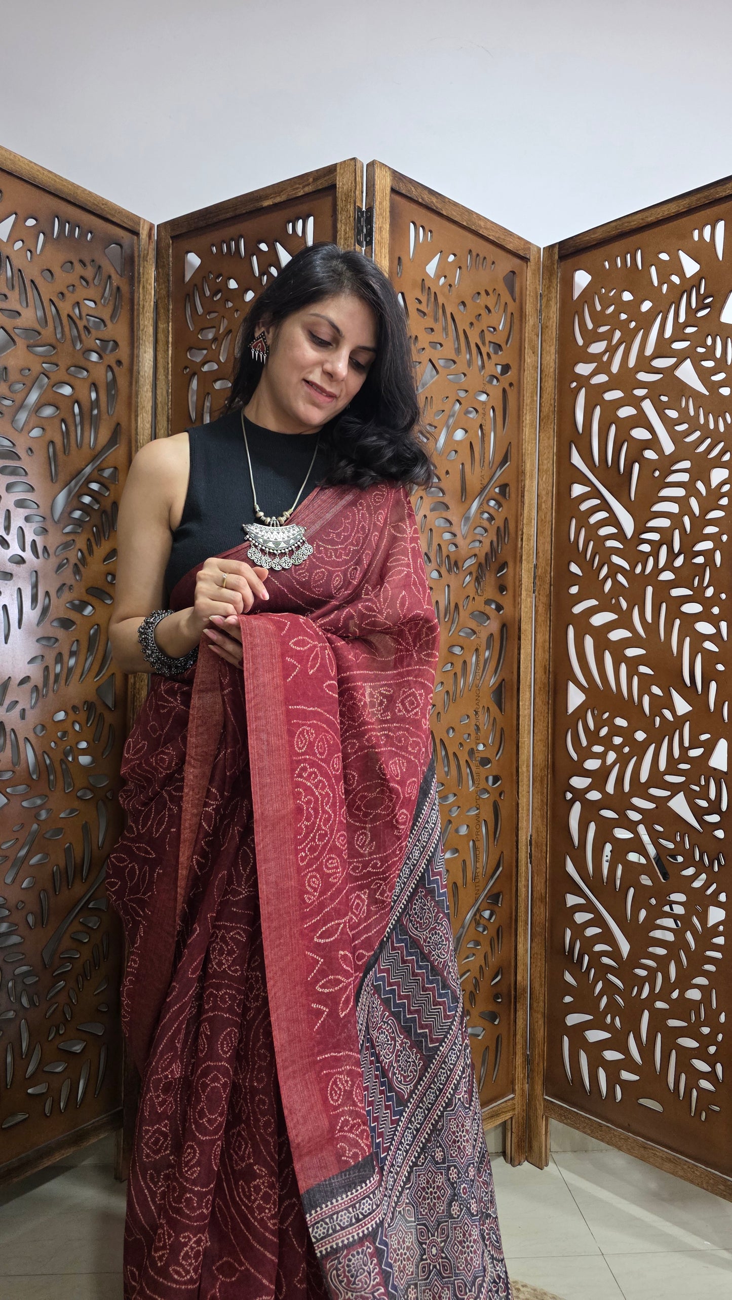 Terracotta Ajrakh Bandhini Linen cotton Saree