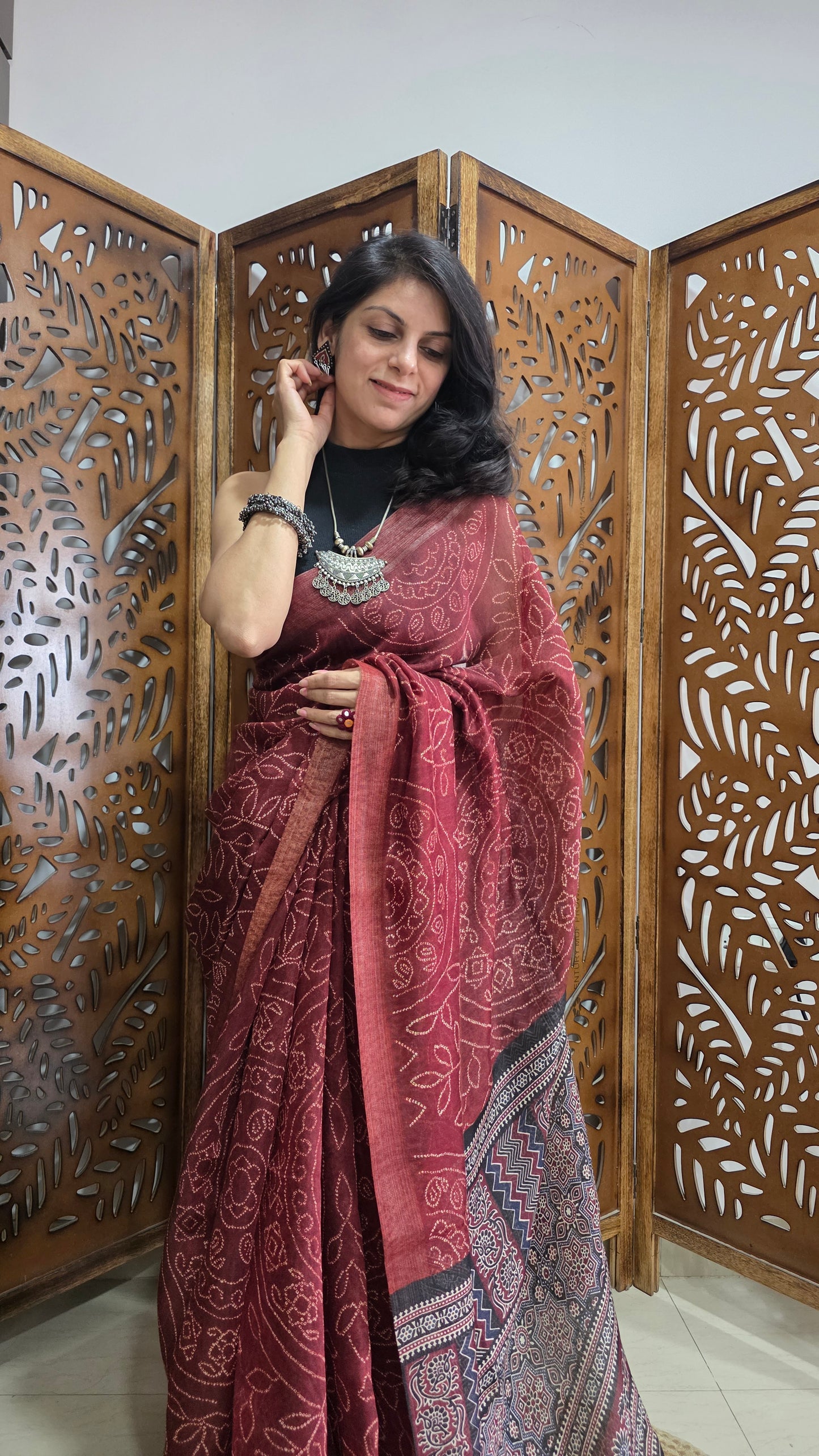 Terracotta Ajrakh Bandhini Linen cotton Saree