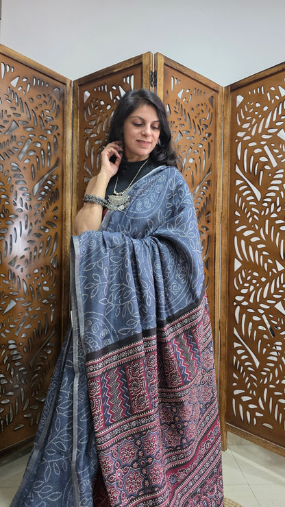 Grey Ajrakh Bandhini Linen cotton Saree