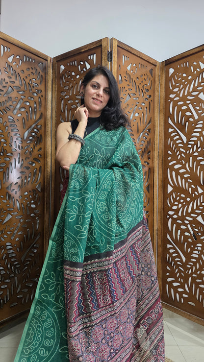 Green Ajrakh Bandhini Linen cotton Saree