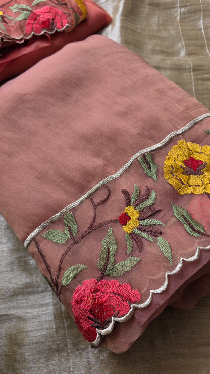 Light pink Kora Cutwork Saree embroidery
