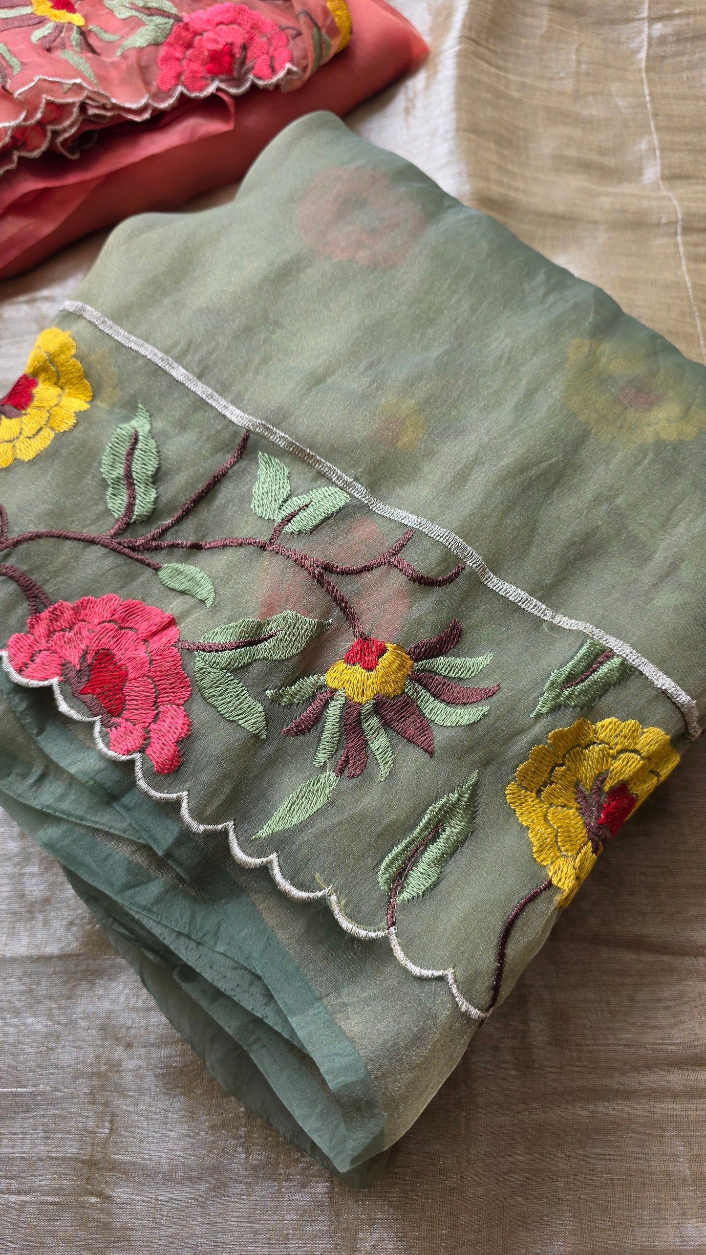 Sage Green Kora Cutwork Saree embroidery