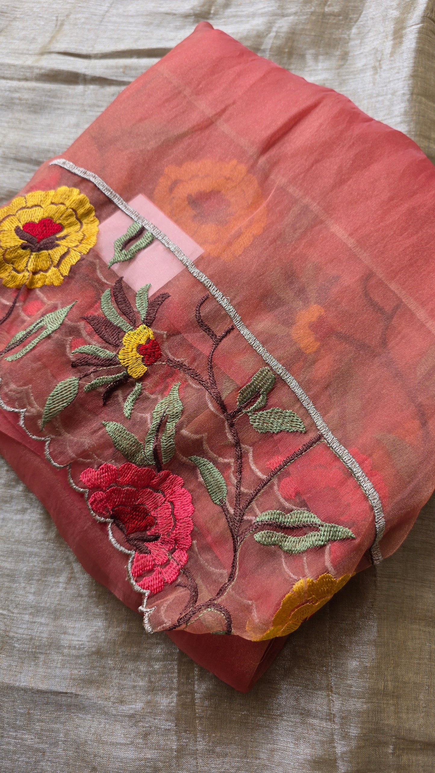 Coral Kora Tissue cutwork Saree with embroidery