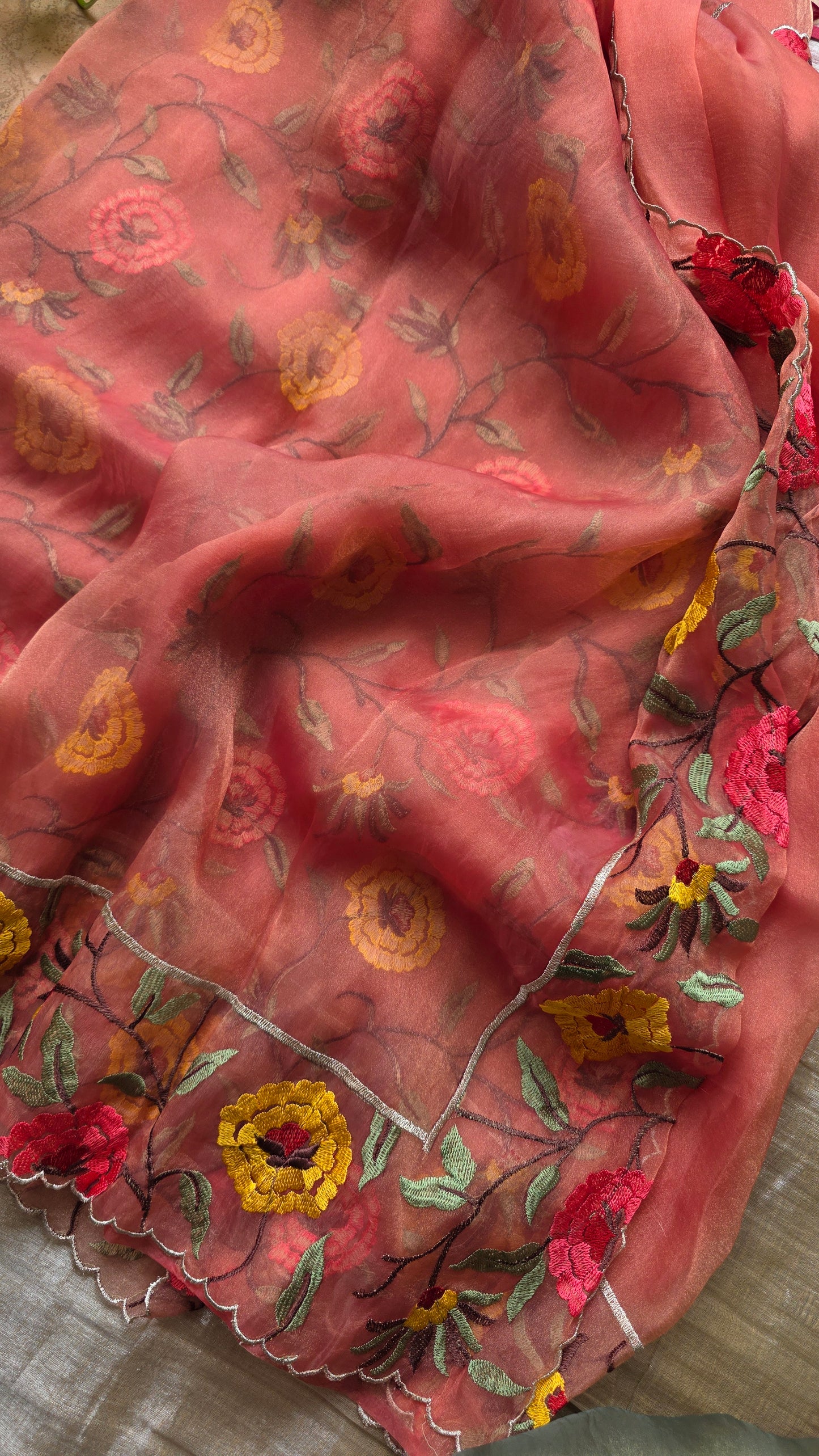 Coral Kora Tissue cutwork Saree with embroidery