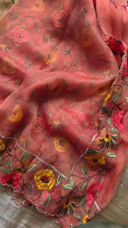 Coral Kora Tissue cutwork Saree with embroidery