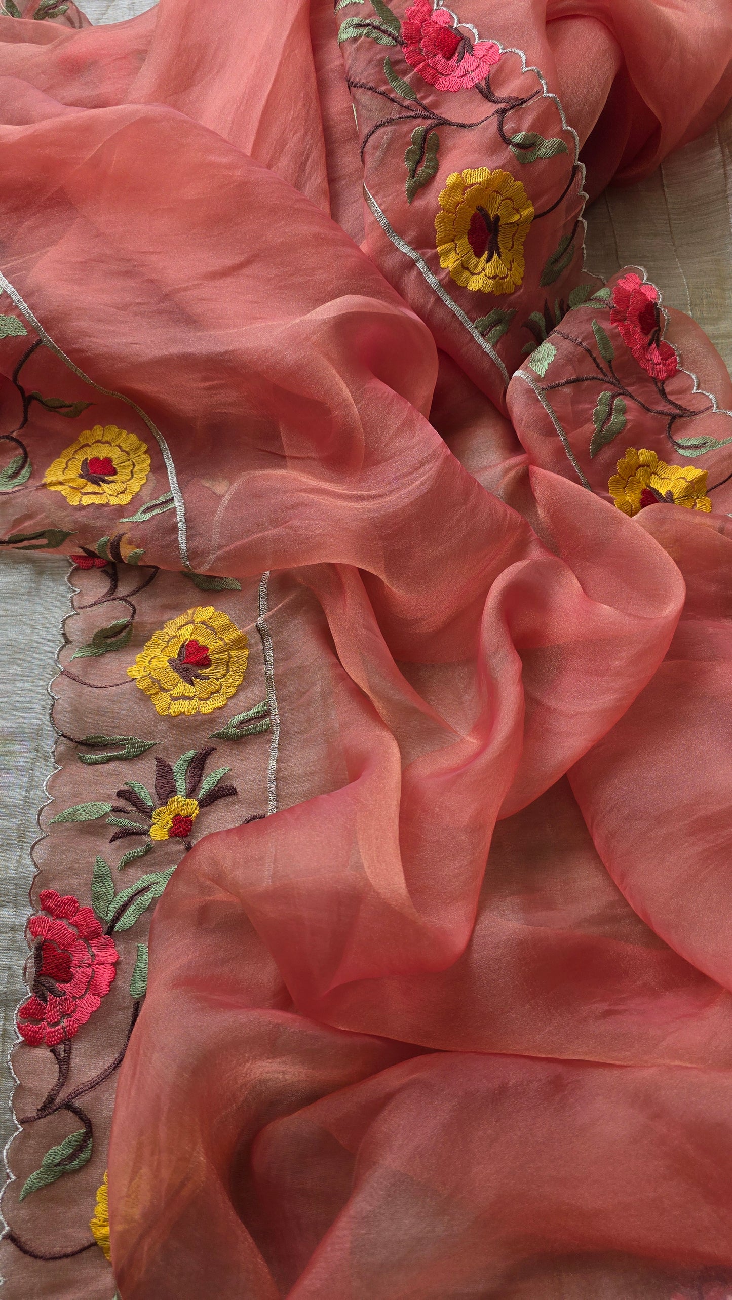 Coral Kora Tissue cutwork Saree with embroidery