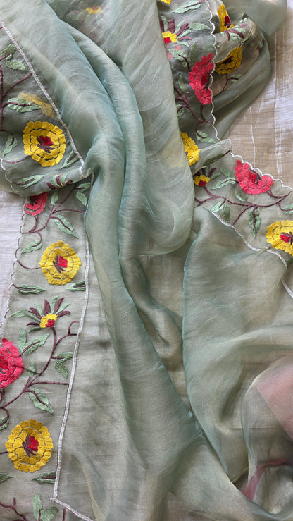 Sage Green Kora Cutwork Saree embroidery