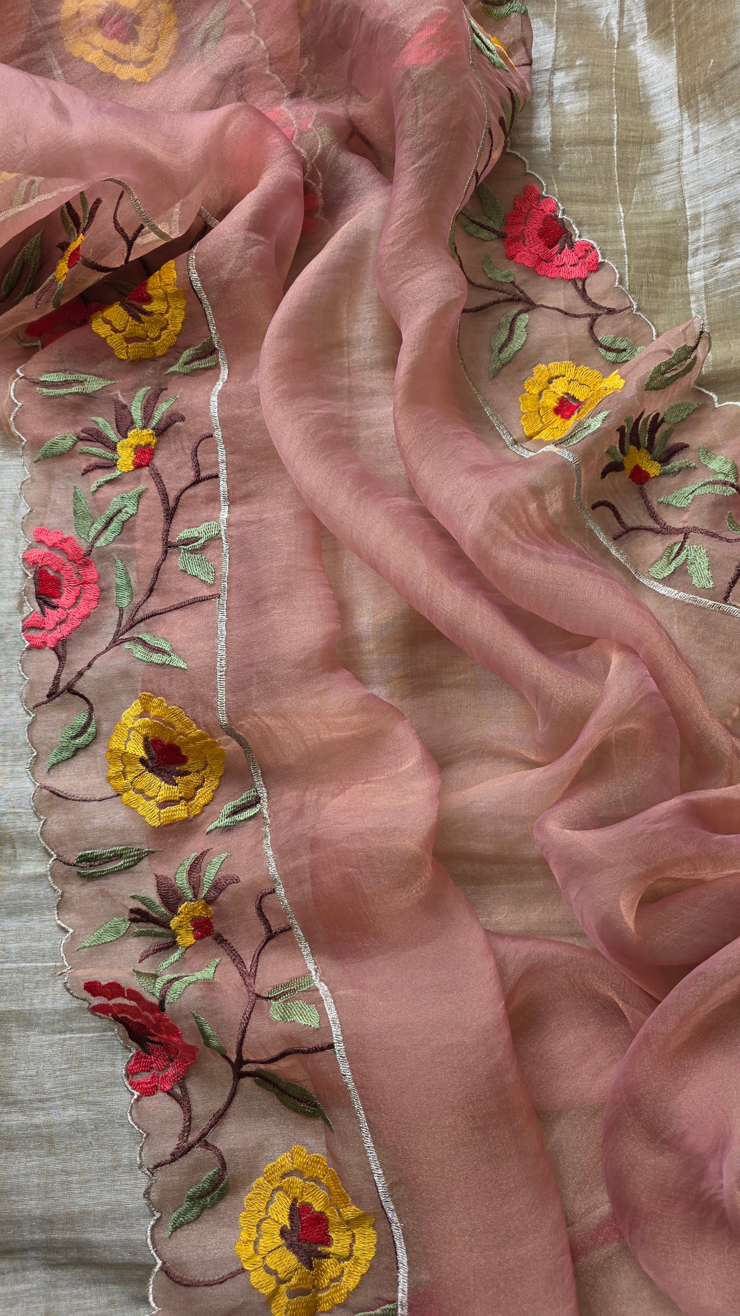 Light pink Kora Cutwork Saree embroidery